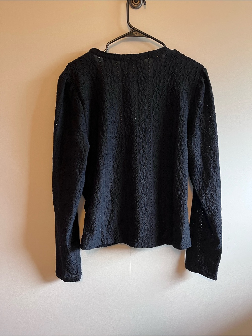 Eyelet Ruched Front Long Sleeve Sweater - Black - Picture 2 of 6
